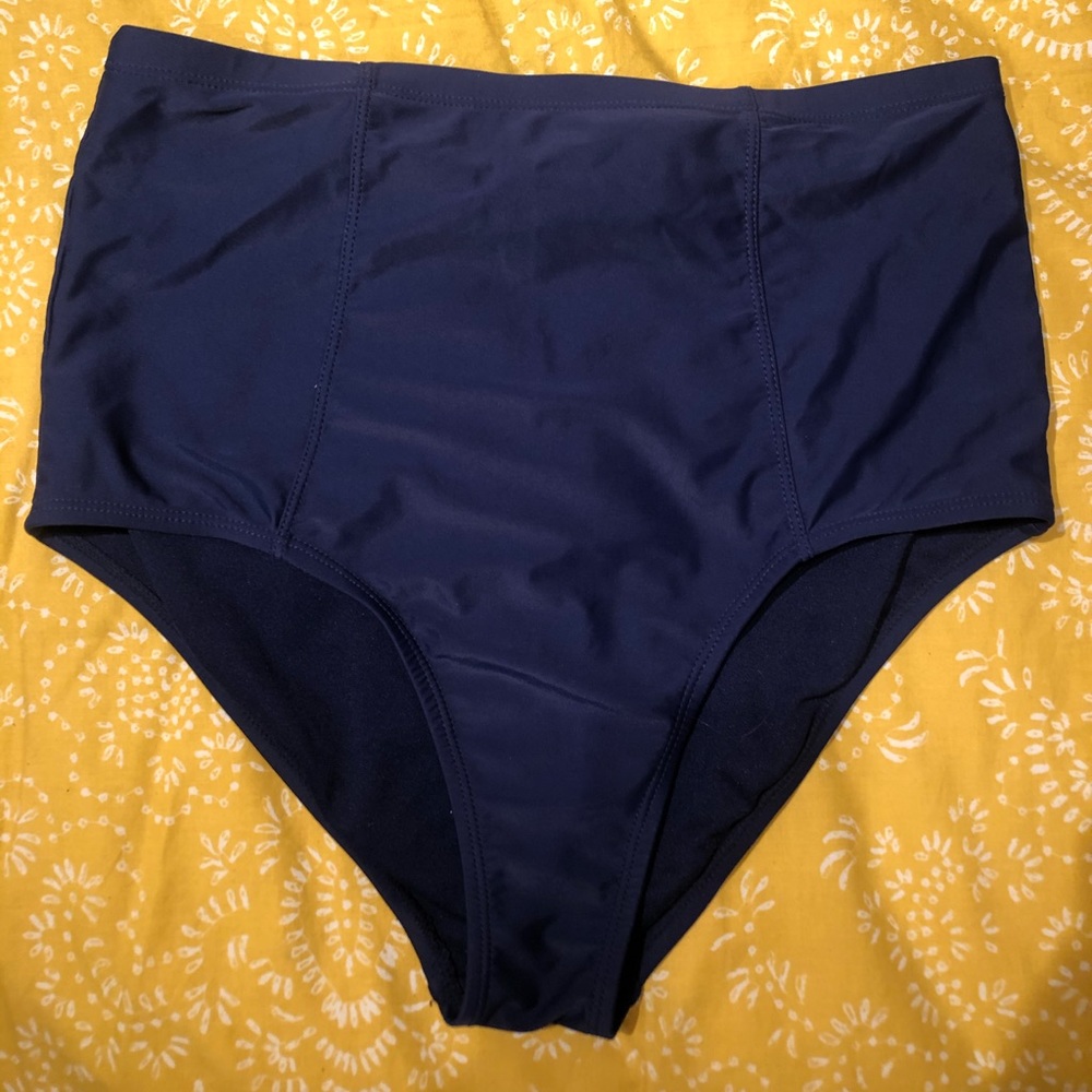 navy blue retro high waisted bikini bottoms